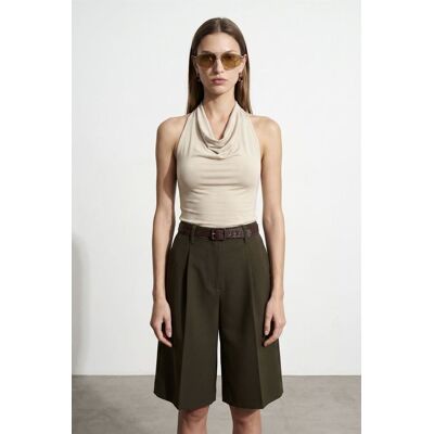 Dilvin Ärmellose Bluse mit Schlauchkragen und Bindegürtel Beige M Dilvin Ärmellose Bluse mit Schlauchkragen und Bindegürtel Beige M