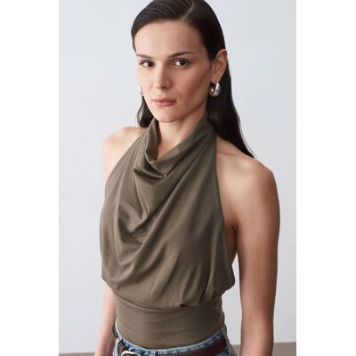 Dilvin Taillierte ärmellose Bluse mit Schlauchkragen Khaki S Dilvin Taillierte ärmellose Bluse mit Schlauchkragen Khaki S
