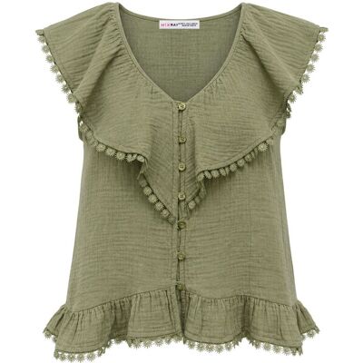 Mixray Baumwoll V-Ausschnitt Ärmellose Bluse Khaki S Mixray Baumwoll V-Ausschnitt Ärmellose Bluse Khaki S