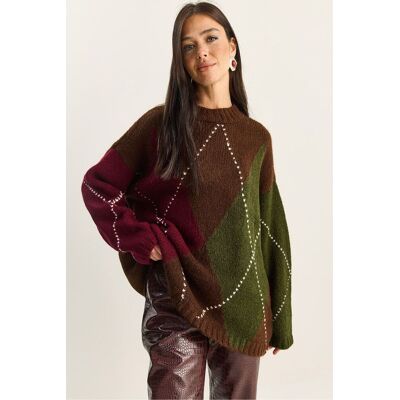 Bianco Lucci Übergroßer Strickpullover mit Rautenmuster Rot Einheitsgröße Bianco Lucci Übergroßer Strickpullover mit Rautenmuster Rot Einheitsgröße
