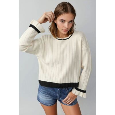MyFashion Gestreifter Strickpullover mit Rundhalsausschnitt Creme Einheitsgröße MyFashion Gestreifter Strickpullover mit Rundhalsausschnitt Creme Einheitsgröße