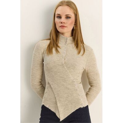 Bianco Lucci Halber Rollkragenpullover mit Knopfdetail Beige Einheitsgröße Bianco Lucci Halber Rollkragenpullover mit Knopfdetail Beige Einheitsgröße
