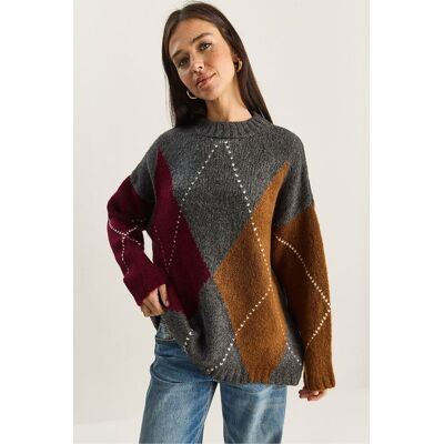 Bianco Lucci Übergroßer Strickpullover mit Rautenmuster Grau Einheitsgröße Bianco Lucci Übergroßer Strickpullover mit Rautenmuster Grau Einheitsgröße