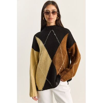Bianco Lucci Übergroßer gestrickter Pullover mit Rautenmuster Schwarz Einheitsgröße Bianco Lucci Übergroßer gestrickter Pullover mit Rautenmuster Schwarz Einheitsgröße