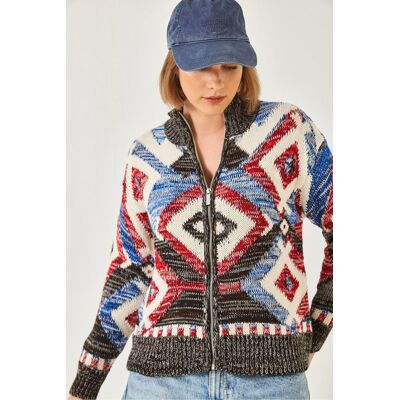 Bianco Lucci Geometrisches Muster Reißverschluss Kragen Cardigan Mehrfarben S/M Bianco Lucci Geometrisches Muster Reißverschluss Kragen Cardigan Mehrfarben S/M