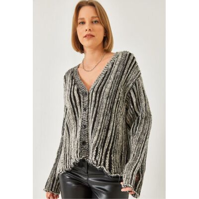Bianco Lucci Gestreifter Rippstrick-Cardigan mit V-Ausschnitt Mehrfarben S/M Bianco Lucci Gestreifter Rippstrick-Cardigan mit V-Ausschnitt Mehrfarben S/M