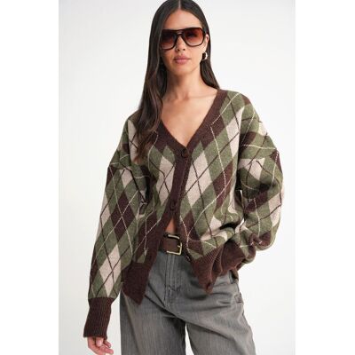 Mixray Oversize Argyle V-Ausschnitt Knopf-Cardigan Khaki Einheitsgröße Mixray Oversize Argyle V-Ausschnitt Knopf-Cardigan Khaki Einheitsgröße