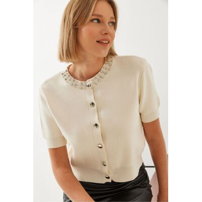 Bianco Lucci Crop-Cardigan mit Zubehördetail Beige Einheitsgröße Bianco Lucci Crop-Cardigan mit Zubehördetail Beige Einheitsgröße