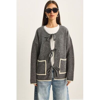 Bianco Lucci Übergroßer Strickcardigan mit Krawattenschluss Dunkelgrau Einheitsgröße Bianco Lucci Übergroßer Strickcardigan mit Krawattenschluss Dunkelgrau Einheitsgröße