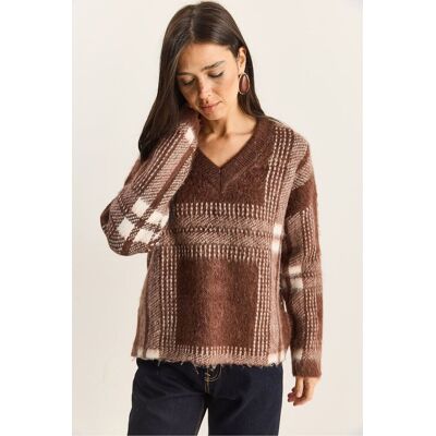 Bianco Lucci Kariertes V-Ausschnitt Langarm Strickpullover Natürlich Einheitsgröße Bianco Lucci Kariertes V-Ausschnitt Langarm Strickpullover Natürlich Einheitsgröße