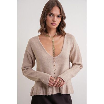 Mixray Leichtes V-Ausschnitt-Stricktop mit Knopfdetails Beige Einheitsgröße Mixray Leichtes V-Ausschnitt-Stricktop mit Knopfdetails Beige Einheitsgröße