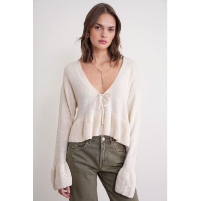 Mixray Knitpullover mit tiefem, detailliertem V-Ausschnitt und Rüschen Natürlich Einheitsgröße Mixray Knitpullover mit tiefem, detailliertem V-Ausschnitt und Rüschen Natürlich Einheitsgröße