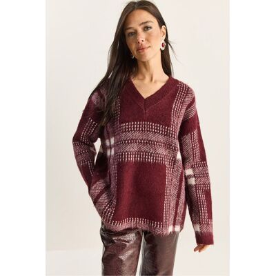 Bianco Lucci Kariertes V-Ausschnitt Langarm-Strickpullover Burgund Einheitsgröße Bianco Lucci Kariertes V-Ausschnitt Langarm-Strickpullover Burgund Einheitsgröße