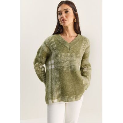 Bianco Lucci Karierter V-Ausschnitt Langarmstrickpullover Limettengrün Einheitsgröße Bianco Lucci Karierter V-Ausschnitt Langarmstrickpullover Limettengrün Einheitsgröße