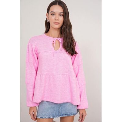 Mixray Locker gestrickter Pullover mit Bindeband Hell-Pink Einheitsgröße Mixray Locker gestrickter Pullover mit Bindeband Hell-Pink Einheitsgröße