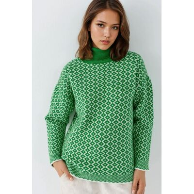 MyFashion Langer Rollkragenpullover mit geometrischem Muster und geripptem Stoff Waldgrün Einheitsgröße MyFashion Langer Rollkragenpullover mit geometrischem Muster und geripptem Stoff Waldgrün Einheitsgröße