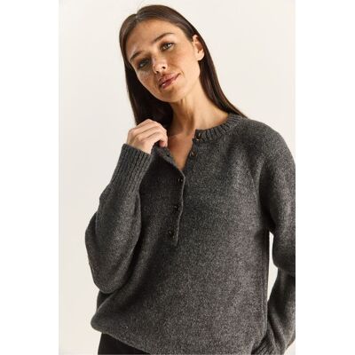 Bianco Lucci Entspannte Passform Strickpullover mit Knopfleiste Holzkohle Einheitsgröße Bianco Lucci Entspannte Passform Strickpullover mit Knopfleiste Holzkohle Einheitsgröße