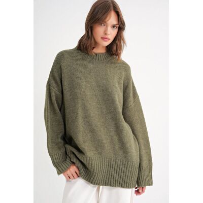 Mixray Übergröße Rippstrickpullover mit Rundhalsausschnitt Khaki Einheitsgröße Mixray Übergröße Rippstrickpullover mit Rundhalsausschnitt Khaki Einheitsgröße