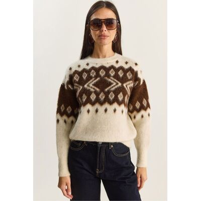 Bianco Lucci Ethnisches Muster Dickstrickpullover mit Rundhalsausschnitt Braun Einheitsgröße Bianco Lucci Ethnisches Muster Dickstrickpullover mit Rundhalsausschnitt Braun Einheitsgröße