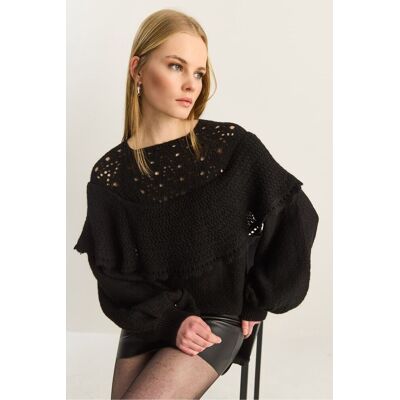 Bianco Lucci Rippstrick Bootsausschnitt Dicke Pullover mit Spitzendetail Schwarz Einheitsgröße Bianco Lucci Rippstrick Bootsausschnitt Dicke Pullover mit Spitzendetail Schwarz Einheitsgröße
