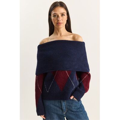 Bianco Lucci Madonna-Kragen Strickpullover mit Baklava-Muster Blau Einheitsgröße Bianco Lucci Madonna-Kragen Strickpullover mit Baklava-Muster Blau Einheitsgröße