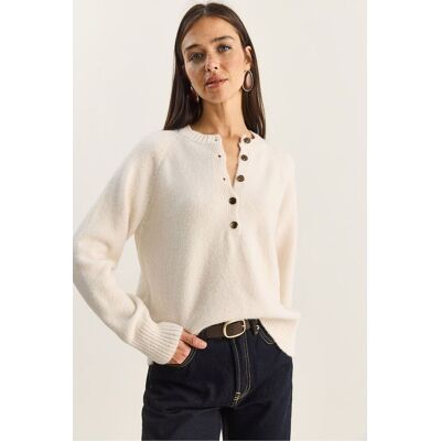 Bianco Lucci Entspannte Passform Strickpullover mit Knopfleiste Creme Einheitsgröße Bianco Lucci Entspannte Passform Strickpullover mit Knopfleiste Creme Einheitsgröße