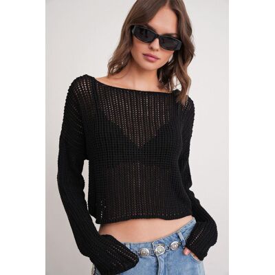 Mixray Luftiges Bootsausschnitt-Crop-Stricktop Schwarz Einheitsgröße Mixray Luftiges Bootsausschnitt-Crop-Stricktop Schwarz Einheitsgröße