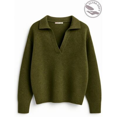 Mixray Dicker Strickpullover mit lässiger Passform und Hemdkragen Khaki Einheitsgröße Mixray Dicker Strickpullover mit lässiger Passform und Hemdkragen Khaki Einheitsgröße