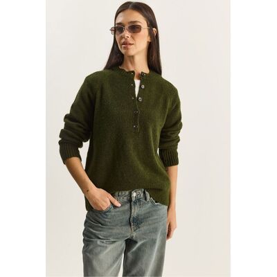 Bianco Lucci Lässiger Fit Knopfhals Strickpullover Khaki Einheitsgröße Bianco Lucci Lässiger Fit Knopfhals Strickpullover Khaki Einheitsgröße
