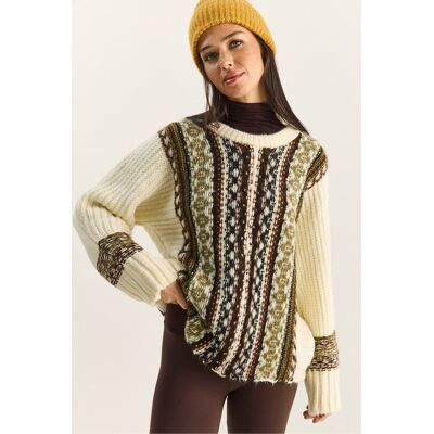 Bianco Lucci Übergroßer ethnischer Print-Strickpullover Creme Einheitsgröße Bianco Lucci Übergroßer ethnischer Print-Strickpullover Creme Einheitsgröße