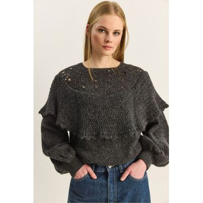 Bianco Lucci Rippstrick Bootsausschnitt Dickes Sweatshirt mit Volants Detail Holzkohle Einheitsgröße Bianco Lucci Rippstrick Bootsausschnitt Dickes Sweatshirt mit Volants Detail Holzkohle Einheitsgröße