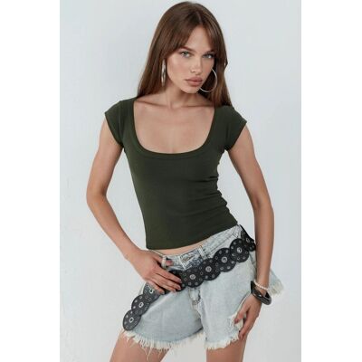 Busem Schlanke Passform Rippstrick U-Hals Bluse Khaki S Busem Schlanke Passform Rippstrick U-Hals Bluse Khaki S