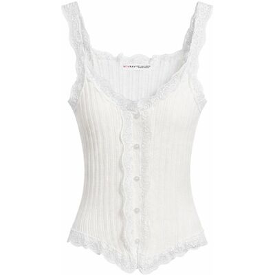 Mixray Taillierte ärmellose Spitzen-Rippenbluse mit Knöpfen Weiß L Mixray Taillierte ärmellose Spitzen-Rippenbluse mit Knöpfen Weiß L