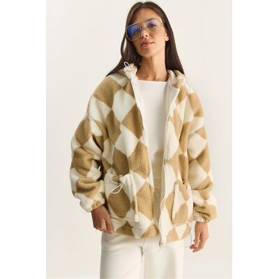 Bianco Lucci Übergroße Plüschjacke mit Diamantmuster Natürlich Einheitsgröße Bianco Lucci Übergroße Plüschjacke mit Diamantmuster Natürlich Einheitsgröße
