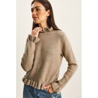 Bianco Lucci Rüschiger Halb-Polokragen Knopfstrickpullover Beige S/M Bianco Lucci Rüschiger Halb-Polokragen Knopfstrickpullover Beige S/M