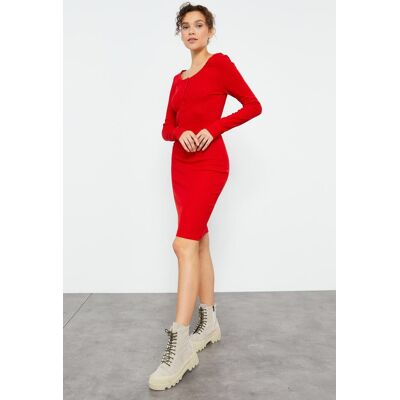 Tommy Life Körperbetontes Midi-Kleid mit Rundhalsausschnitt Rot L Tommy Life Körperbetontes Midi-Kleid mit Rundhalsausschnitt Rot L