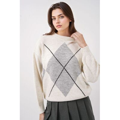 Big Dart Übergroßer Argyle Rundhals-Pullover Hellgrau S/M Big Dart Übergroßer Argyle Rundhals-Pullover Hellgrau S/M