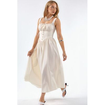 Busem Midi-Kleid mit quadratischem Kragen und Knopfdetails Creme M Busem Midi-Kleid mit quadratischem Kragen und Knopfdetails Creme M