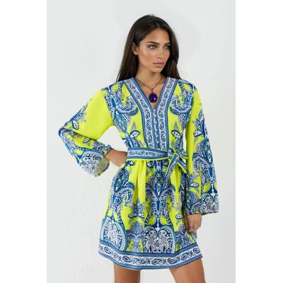 MSN Collection V-Ausschnitt Paisley A-Linie Mini-Kleid mit Knöpfen Gelb XL MSN Collection V-Ausschnitt Paisley A-Linie Mini-Kleid mit Knöpfen Gelb XL