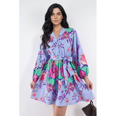 MSN Collection Blumiges V-Ausschnitt A-Linien Mini-Kleid mit Gürtel Hellblau L MSN Collection Blumiges V-Ausschnitt A-Linien Mini-Kleid mit Gürtel Hellblau L
