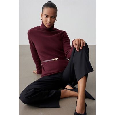 Dilvin Damen Strickpullover mit Gürtel und Stehkragen Burgund Einheitsgröße Dilvin Damen Strickpullover mit Gürtel und Stehkragen Burgund Einheitsgröße