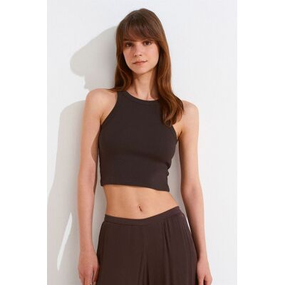 Dilvin Rippstrick Baumwollmischung Ärmelloses Crop Top Braun L Dilvin Rippstrick Baumwollmischung Ärmelloses Crop Top Braun L
