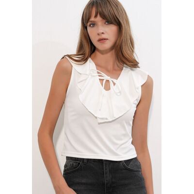 Big Dart Damen Strukturierte Strick-Crop-Bluse mit Bindeband vorne Weiß M Big Dart Damen Strukturierte Strick-Crop-Bluse mit Bindeband vorne Weiß M