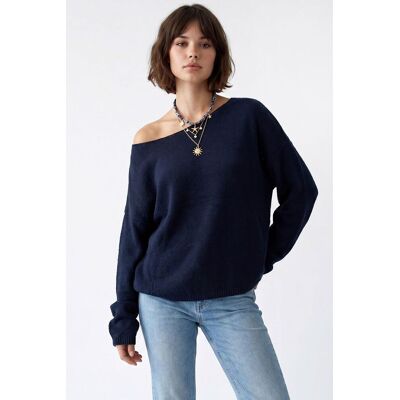Mixray Übergroßer Bootsausschnitt-Strickpullover Marine Einheitsgröße Mixray Übergroßer Bootsausschnitt-Strickpullover Marine Einheitsgröße