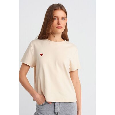 Dilvin Damen Baumwoll Rundhalsausschnitt T-Shirt mit Stickerei Creme S Dilvin Damen Baumwoll Rundhalsausschnitt T-Shirt mit Stickerei Creme S