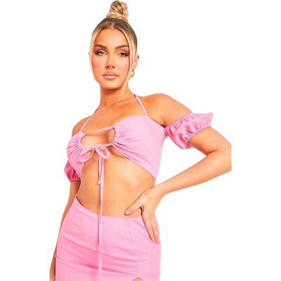 Missyempire Missy Empire - Kurzes Top für Damen, Vorne gebunden, Leinen (Pink) Rosa EU 36 / UK 8 Missyempire Missy Empire - Kurzes Top für Damen, Vorne gebunden, Leinen (Pink) Rosa EU 36 / UK 8
