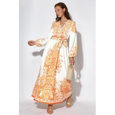 MSN Collection Paisley A-Linie Maxi-Kleid mit Bindegürtel Orange L MSN Collection Paisley A-Linie Maxi-Kleid mit Bindegürtel Orange L