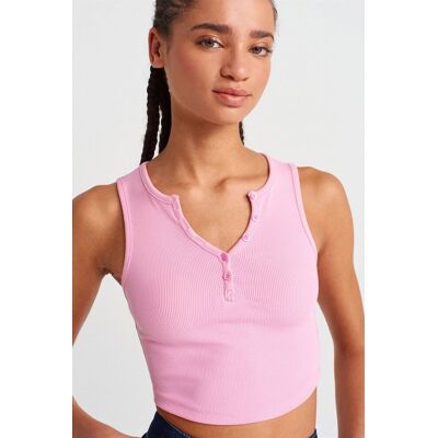 Dilvin Damen Ripp-Crop-Bluse mit Knöpfen Hell-Pink L Dilvin Damen Ripp-Crop-Bluse mit Knöpfen Hell-Pink L