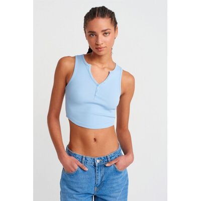 Dilvin Damen Ripp-Crop-Bluse mit Knöpfen Hellblau L Dilvin Damen Ripp-Crop-Bluse mit Knöpfen Hellblau L
