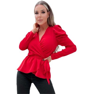 AX Paris - Wickel-Oberteil für Damen, Mit Gürtel, Puffärmel (Rot) Rot EU 36 / UK 8 AX Paris - Wickel-Oberteil für Damen, Mit Gürtel, Puffärmel (Rot) Rot EU 36 / UK 8